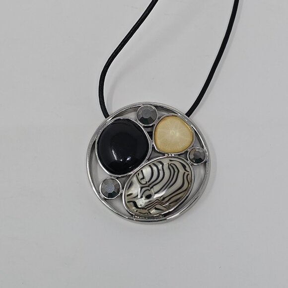 Chico’s Silver Tone Statement Necklace Mixed Cabochon Pendant on Black Cord - Picture 6 of 8